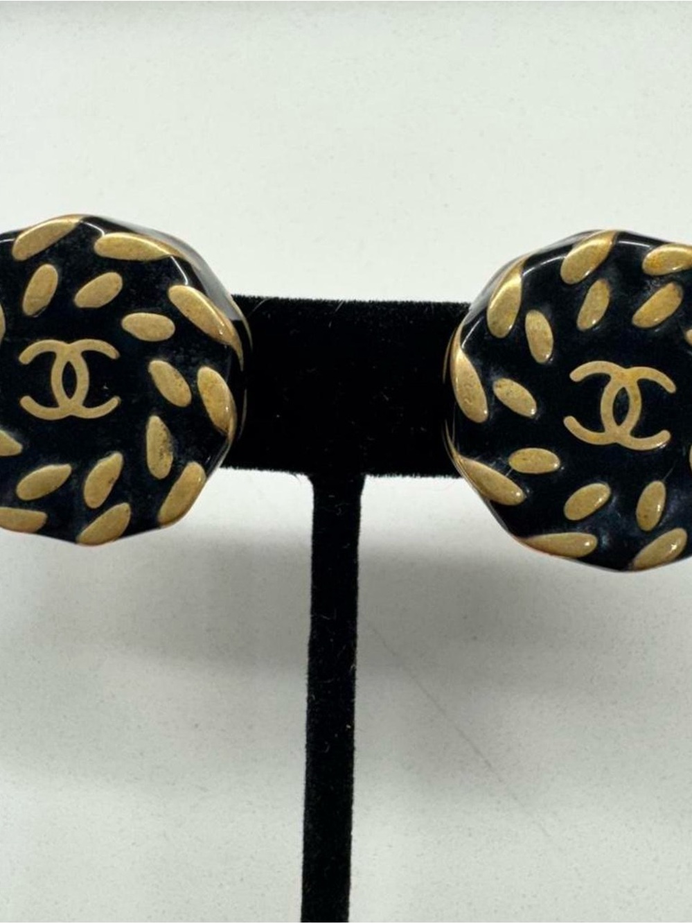 CHANEL Black and Gold CC Button Earrings
